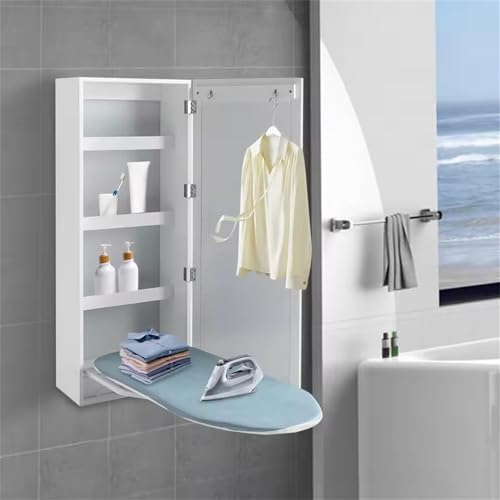 GAENZA Wall Mounted Ironing Board Cabinet, Foldable Ironing Board Closet with Storage Shelves, Built in Ironing Board with Mirror Door, for Small Houses, Sewing Rooms, Bedrooms
