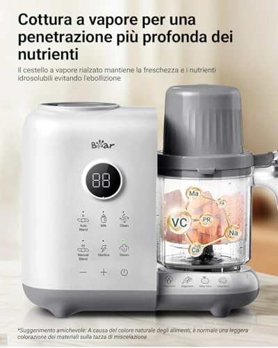 Bear 6-in-1 Dampfgarer mit Mixer Premium Babynahrungszubereiter,Dämpfen, automatisches Rühren, Milcherwärmung, Desinfektion, Selbstreinigungsfunktion, Automatische Reinigungsfunktion, BPA-frei (Weiß)