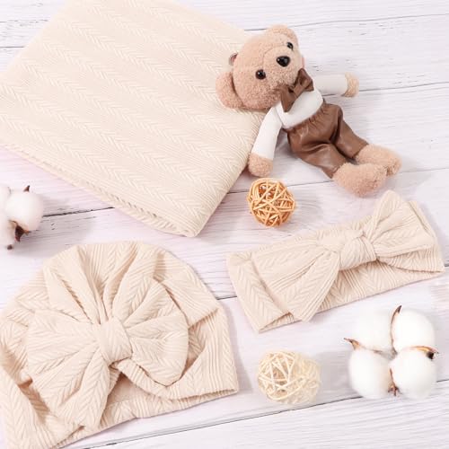 Image of DRESHOW BQUBO Baby Swaddle Blankets for Girls, 4PCS Newborn Accessories Set with Matching Hat and Bow Headband with Hello World Wooden Birth Announcement Card