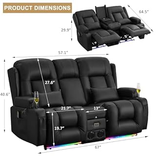 URRED Power Loveseat Recliner Sofa with Massage and Heat, Wall Hugger Reclining Loveseat with Console, RV Couch Home Theater Seating with LED Lights for Living Room (Black, 67" - 2 Seats)