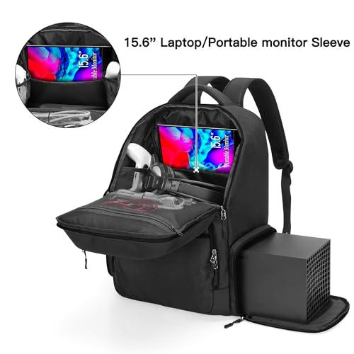 Image of Trunab Travel Backpack Compatible with Xbox Series X Carrying Case Game Storage Bag with Inner Divider for Xbox X /S Console, Multiple Pockets for 15.6 inch Laptop and Other Gaming Accessories, Black | Game Storage Bag Fits 15.6 inch Laptop, Controller & Cables, Padded Pockets for Gaming Accessories
