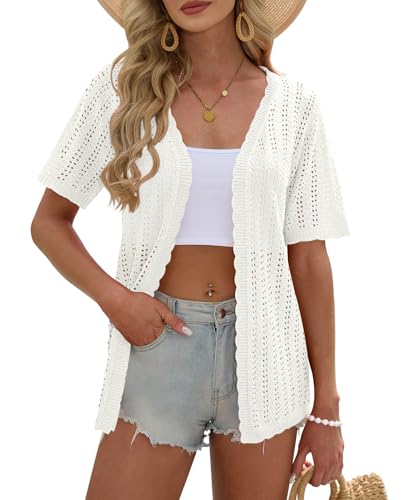 DB MOON Womens Summer Short Sleeve Cardigan Lightweight Beach Cover Ups Boho Pointelle Knit Kimono Cream L