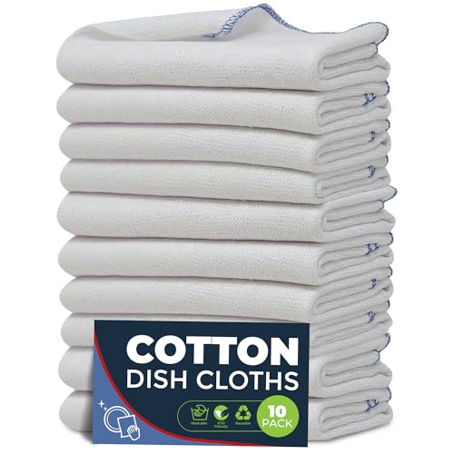 Towelogy Dish Towels 10 Pack - 38 x45cm Extra Large Cotton Dishcloths Commercial Grade Kitchen Cloths (White/Blue Bordered, 10)