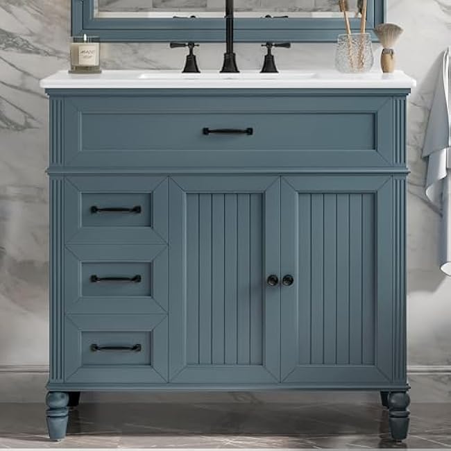 Bathroom Vanity Set, 36 Bathroom Vanity with Resin Sink Combo, Solid Wood Frame Bathroom Storage Cabinet with 5 Drawers & Soft Closing Doors, MDF Boards, Gold Metal Knobs