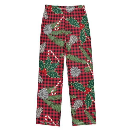 Berry Pine Cone Plaid Boys Long Pants Soft Trousers Elastic Waist Kids Lounge Bottoms with Pockets S-XL