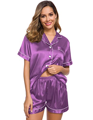 Image of SWOMOG Pajamas Set Short Sleeve Sleepwear Womens Button Down Nightwear Soft Pj Lounge