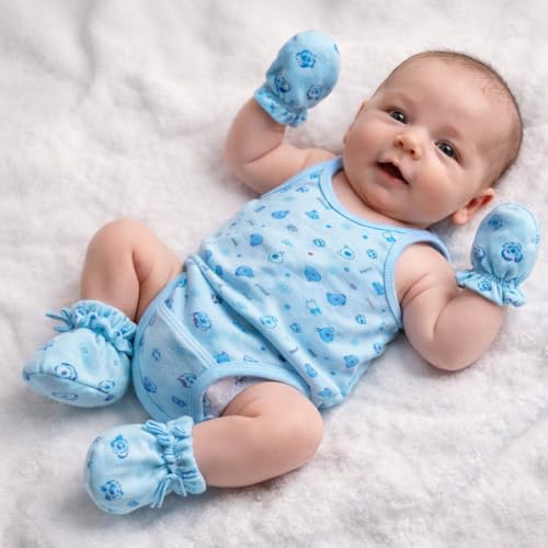 Image of KmCho Soft & Comfy New born Baby Mittens, Jhabla, Nappy, Cap Combo Set - 100% Cotton, Gentle on Newborn Skin, Unisex, Must-Have Baby Essentials for 0-6 Months