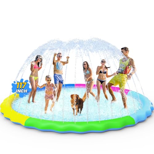 VISTOP Non-Slip Splash Pad for Kids and Dog, Thicken Sprinkler Pool Summer Outdoor Water Toys - Fun Backyard Fountain Play Mat for Baby Girls Boys Children or Pet Dog (117 Inch, Red&Yellow&Green&Blue)