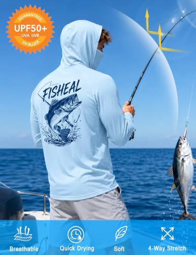 Image of FISHEAL Men's UPF 50+ Sun Protection Fishing Hoodie, Long Sleeve UV Shirts with Mask, Quick Dry Hooded for Outdoor Beach
