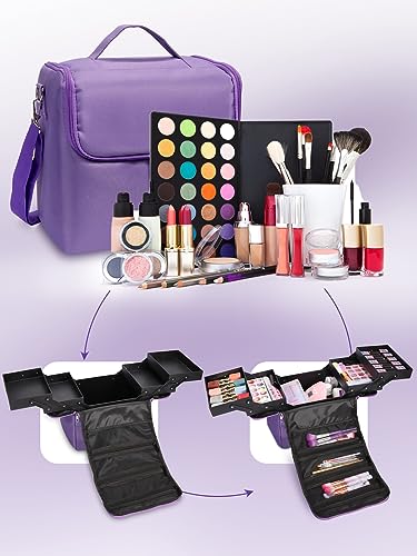 Large Makeup Nail Polish Organizer Bag, Cosmetic Makeup Travel Train Case, 4 Tier Professional Big Makeup Brush Bag Storage Box With Straps Pockets Luggage Belt For Nail Tools Nail Tech (Purple) #TOP7