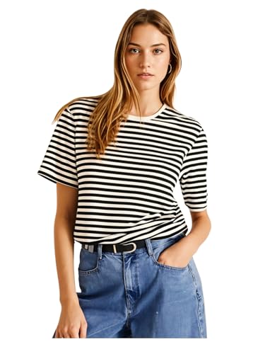 Image of Mack Jonney Oversized | Loose Fit | Half Sleeves 100% Cotton Round Neck Striped T-Shirt for WOMEN-MACK640558