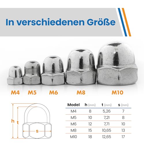 Topnorm24 - Hutmutter hohe Form DIN 1587 Edelstahl M10-10 Stück rostfrei A2 V2A Sechskant Hutmuttern Kappenmuttern für Schrauben & Unterlegscheiben & Gewindestangen (10, M10)