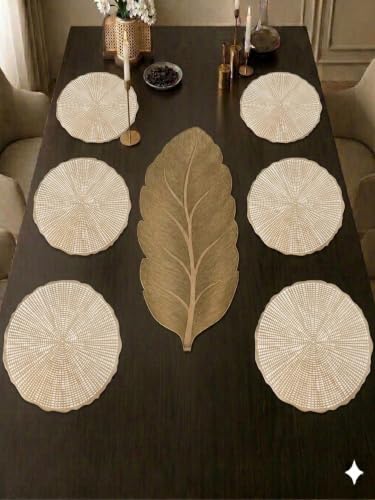 Image of Dakshya Industries PVC Waterproof Round Table Placemat & Table Runner Combo Set | 6 Round Table Mats (38 x 38 cm) + 1 Table Runner | Heat Resistant, Washable, Non Slip Dining Table Decor (Novexa)