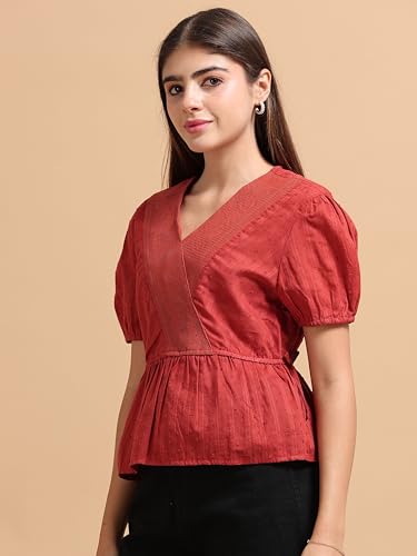 Image of Glam & Chique Women's 100% Cotton Textured Dobby Lace Panel Peplum Crop Top XS-2XL