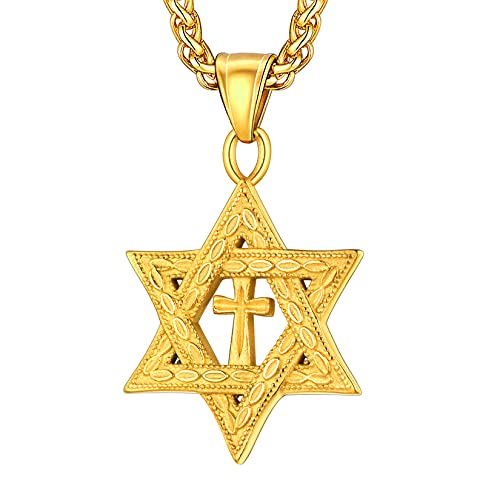 U7 Star of David Necklace for Men Women Gold/Stainless Steel Hexagon Pendant with Cross/Ruby Stone/Classic Jewish Isael Necklaces, Length 22" 24" 26"