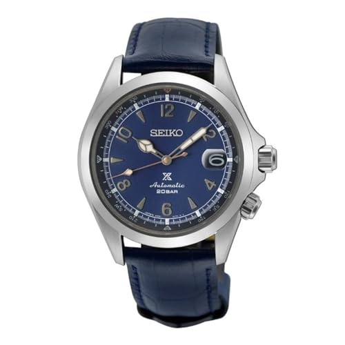 Seiko Prospex Alpinist SPB531J1, automatische Herrenuhr, blaues Zifferblatt, rundes Gehäuse, schwarzes Lederarmband