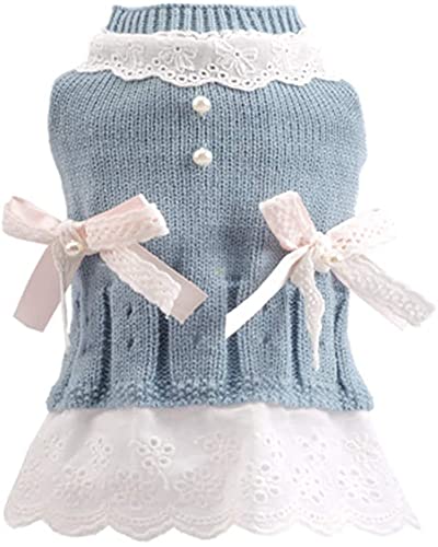 Pet Sweater Dress for Small Dogs - Pink/Blue Winter Warm Dog Princess Lace Dress with Bow - Female/Girl - Dachshund, Chihuahua, Corgi, Cat - Christmas