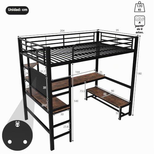 Miniatura 3 de Lubvtti Cama Alta 90x200, Con Escritorio, Toma Usb Type-C, Tira Led, Estantes, Panel Perforado, Cama Apilable Para Niños, Estructura De Cama Infantil De Hierro B-Negro