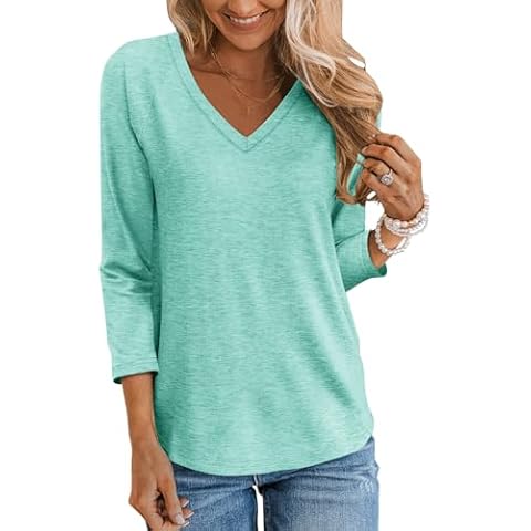 TICTICMIMI Women's V Neck 3/4 Sleeve Tops Casual T Shirts Basic Summer Tees Loose Fit Pullover Tunic Mint Cover