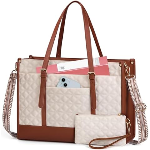 IGOLUMON Laptop Bag for Women 15.6 Inch Vegan Leather Work Tote Bag Quilted Womens Briefcase Designer Laptop Bags for Office Teacher College Cute Computer Bag with Purse Professional Beige & Brown Cover