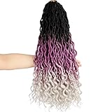 5Pack Wavy Faux Locs Braids Crochet Hair 20inch Ombre Purple Grey Braiding Hair Goddess Locs with Curly Ends Synthetic Twist Crochet Hair Extensions (1B/Purple/Grey#,500g/Lot)