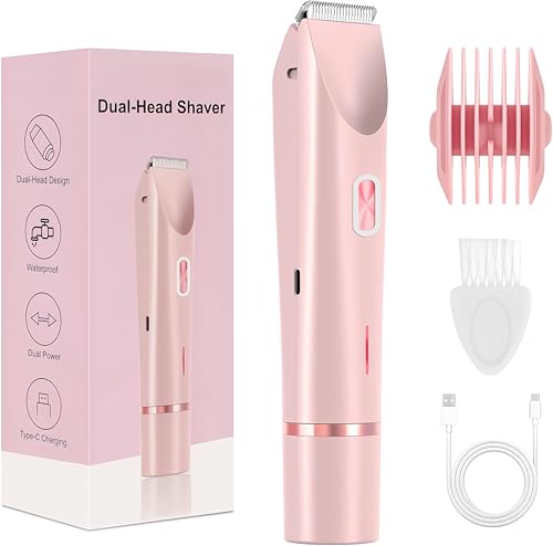 LIBAXIN Glow Aura 2-in-1 Electric Shaver for Women Bikini Line Trimmer & Peach Fuzz Remover IPX7 Waterproof Wet & Dry Electric Razor for Pubic Hair Underarms and Legs (Pink)