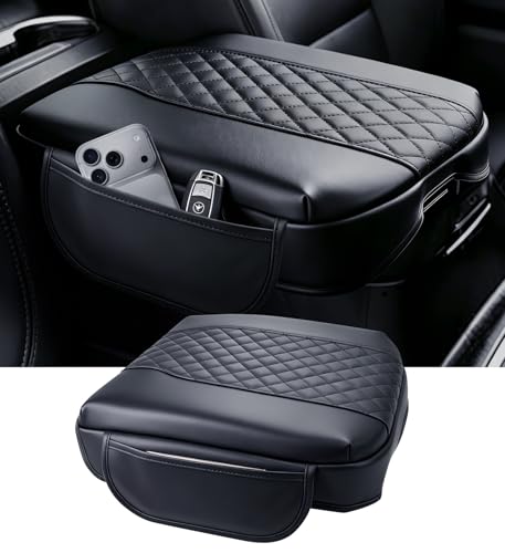 Image of Center Console Cover for Chevrolet Silverado & GMC Sierra 2019-2026, Tahoe & Suburban & Yukon 2021-2026, Fits Bucket Seat Only, 1.2-Inch Thick PU Leather Armrest Protector with 2 Side Pockets