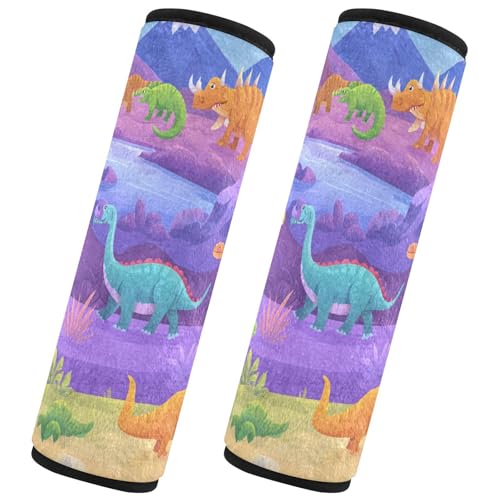 Image of Purple Dinosaurs Palm Trees Mountain Seat Belt Cover Pad 2 Pcs Soft Cute Seatbelt Covers Protector Support Head Neck Shoulder Strap for Car Seats High Chair Backpack for Adults Kids Women Men 1