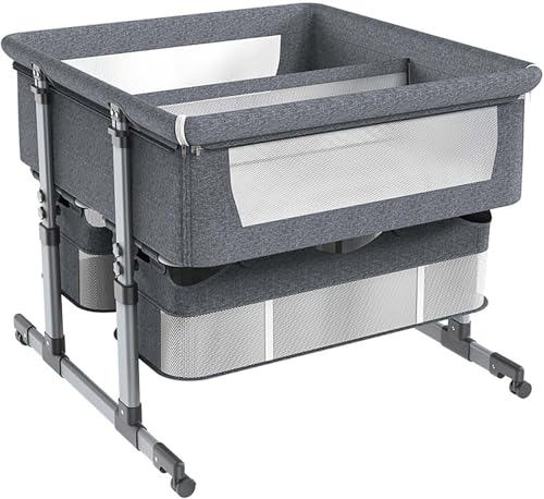 FairyHover Cama para Bebé Gemela,Cuna de colecho con Colchón con 6 Ajustes de Altura,Plegable Cuna de Noche con Rampa Antirreflujo,Separador Extraíble y Ruedas Silenciosas,para Bebés de 0 a 3 Años