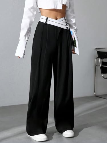 Verdusa Women's Color Block Asymmetrical High Waist Button Trousers Straight Leg Long Pants3