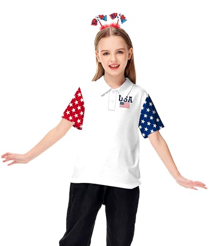 Image of AOBUTE Kids 4th of July Polo American Flag Short Sleeve Button Down Shirts Tops 3-14 Years