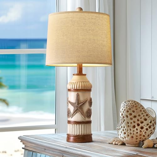 OYEARS 24“ Table Lamp for Bedroom, Boho Table Lamp for Living Room, Bedside Nightstand Lamp, Coastal Nautical Lamp with Starfish Conch Pattern for Decor, End Table, Vintage Retro Beach, Off White