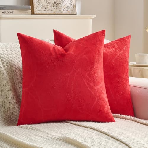 Image of FUTEI Pack of 2 Velvet Throw Pillow Covers 18x18 Inch Soft Embossed Leaf-Relief Textured Decorative Cushion Cases Modern Natural Farmhouse Accent for Couch Bed Living Room, Red