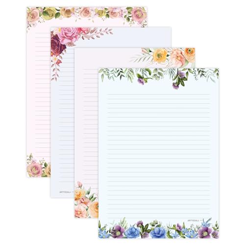Image of A4 Designer Paper Sheets - 100 GSM Writing Paper - One Side Ruled One Side Blank - For School Projects, Assignments, Office Use & Printing - Floral Theme - 25 each design (100 Sheets)