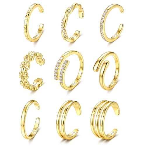 KRFY Ensemble de Bagues d'Orteil en or 14K pour Femmes Anneaux d'Orteil Réglables Anneaux d'orteil à bande ouverte avec fleur de marguerite en CZ Ensemble de Bijoux de Pied de Plage pour Femmes-G