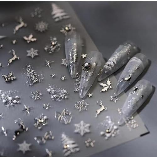 Image of Christmas Silver Nail Stickers Snowflake Nail Art Decals 5D Embossed Self Adhesive Rhinestone with Design Christmas Tree Nail Decals for Nails Art Reindeer Nails Supplies for Women DIY Manicure