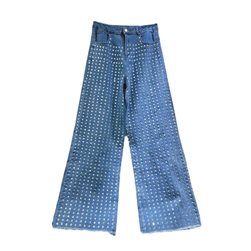 Women's High Waist Straight Wide Leg Jeans Single Diamond Decoration Loose Jeans Suitable for All Seasons