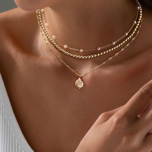 Gold Pearl Necklace，Layered Gold Choker Necklaces for Women Pearl Pendant Necklaces Stackable Stacked Stacking Layering Dainty Gold Necklace Pearl O Chain Necklace Simple Jewelry Gift3