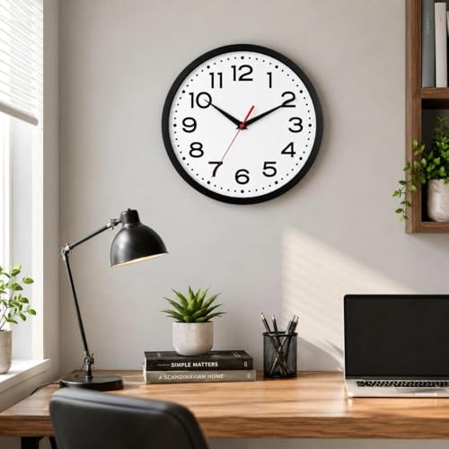 Image of Roymnie 12 Inch Wall Clock, Battery Operated Silent Non Ticking Black | analog wall clock; bold numerals for easy reading; silent non-ticking; 1 AA battery (not included); for classroom