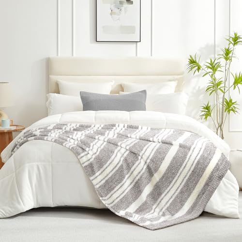 Image of Snuggle Sac Twin Size Bedding Blankets Luxurious Microfiber, Reversible Super Soft Warm Cozy Blankets Fuzzy Plush Blanket for Bed,Couch,Sofa,Living Room, Grey Stripe,60x80 inches