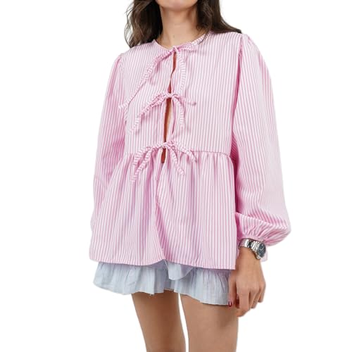 Image of FeMereina Y2k Tie Front Peplum Blouse Women Babydoll Ruffle Puff Short Sleeve Plaid Gingham Shirts Striped Ruffled Tops (Pink Stripes, XL)