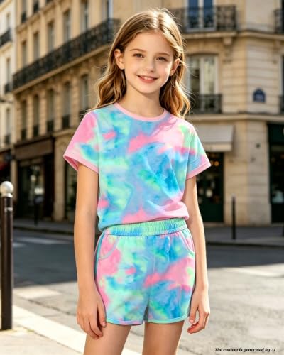 Image of Bestuline Girls Summer 2 Piece Outfits,Basic Short Sleeve Top & Shorts Set with Side Pockets,4-14Y
