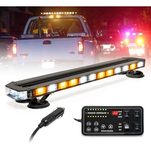LUMENIX 31 Inch 168 LED Rooftop Strobe Emergency Lights Bar w/Controller Heavy-Duty Magnetic Mount Warning Flashing Traffic Lightbar for Construction Vehicles Tow Work Trucks Snow Plows - White Amber Cover