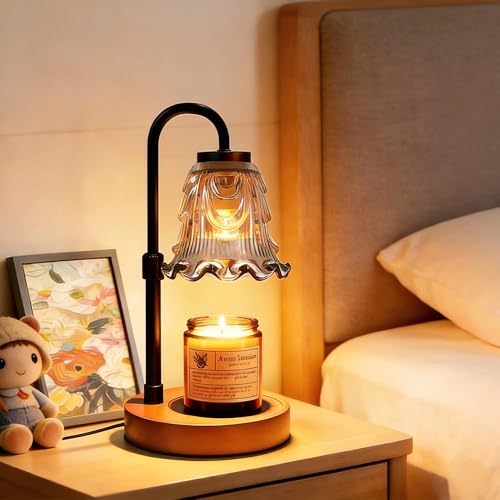 LALAASHHOP Candle Warmer Lamp with Timer and Dimmer, Adjustable Height, Halogen Bulb, Retro Wood Base, Glass Shade, Vintage Table Lamp for Home Bedroom Office