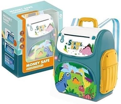 - ATM Piggy Bank Money Saving Bank for Real Money Cash Coin School Bag Musical Money Safe for Kids Piggy Savings Bank with Finger Print Sensor (Multicolor) (Bag ATM Dino)