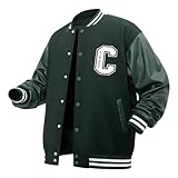 GRAY MONSTER Men's Varsity Jackets Y2k 'C' Embroidery Baseball Bomber Jacket Unisex Vintage Letterman Wool and Faux Leather Coat (US, Alpha, Large, Regular, Regular, DarkGreen)