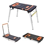 LEADALLWAY 7-in-1 Folding Portable Workbench Painted Work Table as Workbench, Scaffold,Platform,Sawhorse,Car Creeper and Hand Truck with 4 Wheels, Black