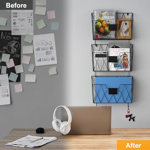 UOMIO 3 Stück Wandhalter Zeitschriften Metall, Wandhalterung Organizer Schwarz, Prospekthalter Wand, Aktenregal mit 2 S-Haken, Wandaufbewahrung für Büro Schule