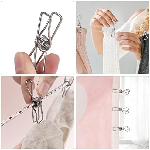 Wskderliner Clothes Pegs Stainless Steel Laundry Pins Clips Cloth Washing Line Metal Clip Windproof hanger clip Silver Strong Elasticity (60 Pcs)