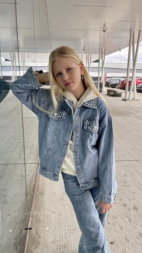 Rolanko Girls Denim Jackets, Basic Oversized Jean Jacket for Girls Fall Outwear Button Down Trucker Jacket 5-14 Years4